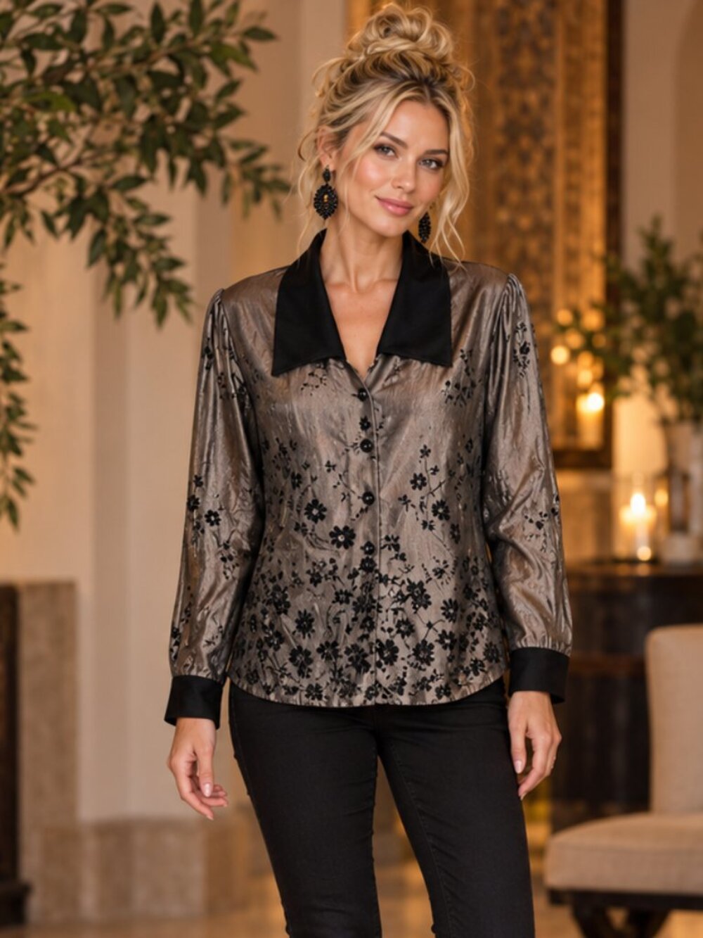 Vintage Patra Pewter Organza Floral Embroidered Blouse Size 16 Made USA